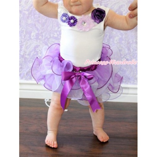 White Baby Pettitop with Dark Light Purple Pearl Flower Rosettes Lacing with Dark Purple Bow Dark Light Purple Petal Baby Pettiskirt NG1467 